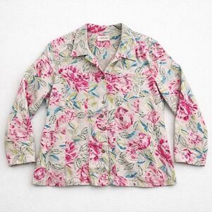 Boho Floral Beaded Button Front Jacket Shirt Lightweight Linen Blend‎ Women's L